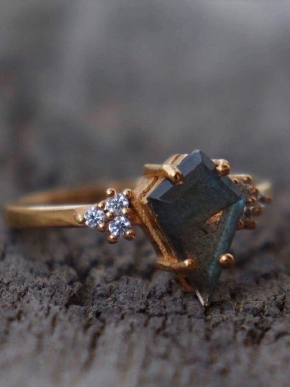 Gold-Finish Ring with Dark Blue Labradorite and Accent Stones